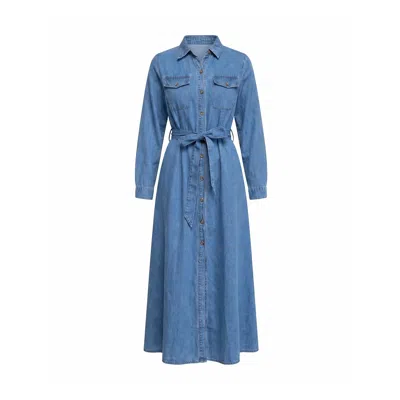 Tantra Spain Sl Women's Blue Midi Shirt Dress With Chest Pockets, Flared Skirt, And Belt  Light Denim