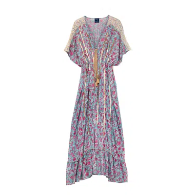 Tantra Spain Sl Women's Blue Printed Maxi Dress With Sequins, Embroidered Sleeves And Tassels