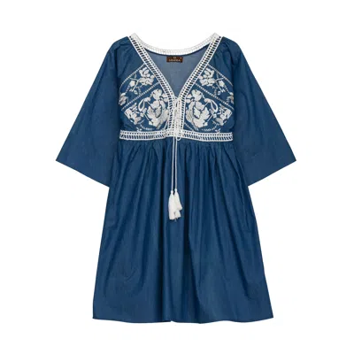 Tantra Spain Sl Women's Blue Tunic Style Mini Dress With Embroidered Details In Chest