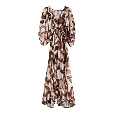 Tantra Spain Sl Women's Brown Maxi Print Dress With Puffed Sleeves, Ruffled V-neck
