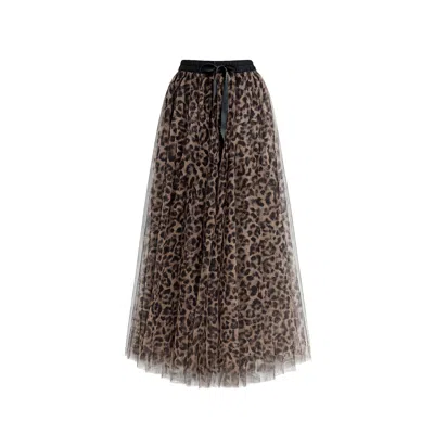 Tantra Spain Sl Women's Brown Multi-layered Tulle Midi Skirt, A-line Cut, Animal Print, Elastic Waistband