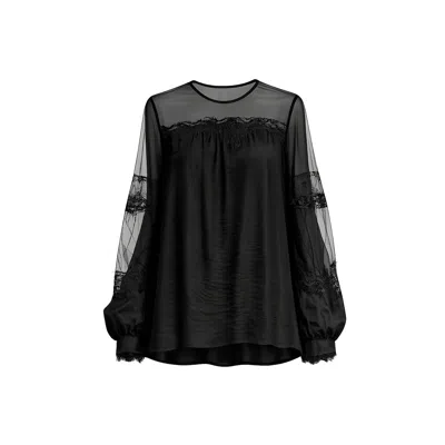 Tantra Spain Sl Women's Chiffon Blouse With Tulle Sleeves And Shoulders And Lace Details Black
