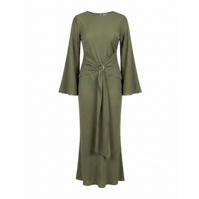 Tantra Spain Sl Women's Green Long Fitted Dress With Long Sleeves And Adjustable Metallic Hoop Waistband Kakhi