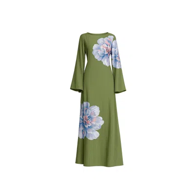 Tantra Spain Sl Women's Green Long Floral Dress With Round Neck And Straps At The Back Khaki