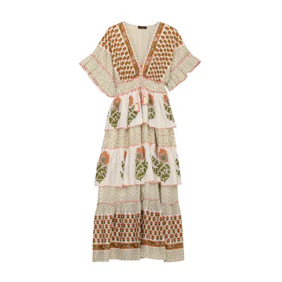 Tantra Spain Sl Women's Green / White Printed Maxi V Neck Dress With Floral Flounces And Embellishments In Green/white