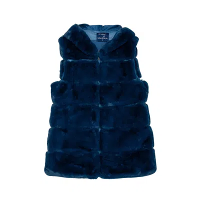 Tantra Spain Sl Women's Hooded Fur Vest With Zip Closure Blue