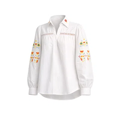 Tantra Spain Sl Women's Lantern Sleeve Shirt With Embroidered Flowers And Hemstitch Detail White