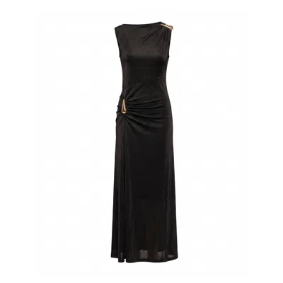 Tantra Spain Sl Women's Long Dress With Draping At The Hips And Shoulders And Metallic Gold Detail Black
