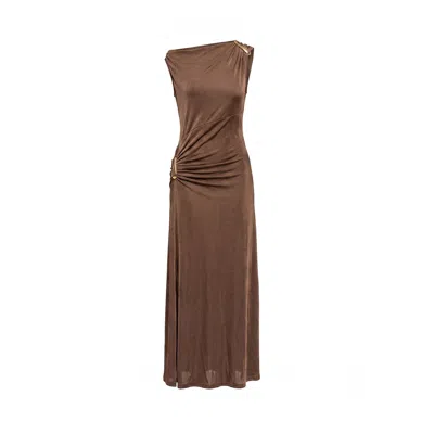 Tantra Spain Sl Women's Long Dress With Draping At The Hips And Shoulders And Metallic Gold Detail Brown