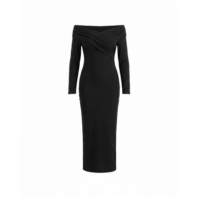 Tantra Spain Sl Women's Long Fitted Dress With Long Sleeves, V-neck And Draped Detail On The Chest Black