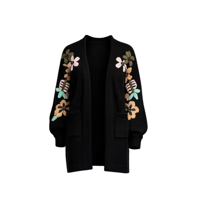 Tantra Spain Sl Women's Long Knit Jacket With Embroidered Flowers On The Sleeves And Front Pockets Black