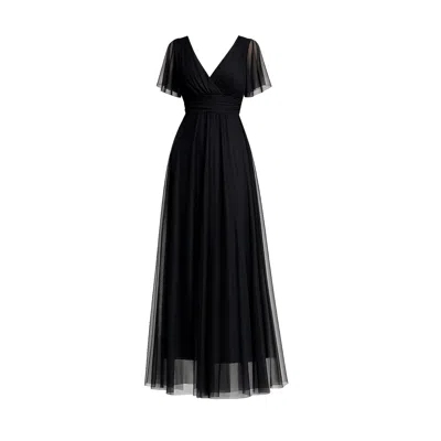 Tantra Spain Sl Women's Long Tulle Dress With Short Seeves, Pleats, And A Flared Skirt, With A Tie Belt. Black