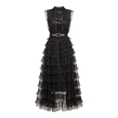 Tantra Spain Sl Women's Maxi Dress With A Ruffled, Lace Skirt And A Beaded Bodice; Includes Belt Black