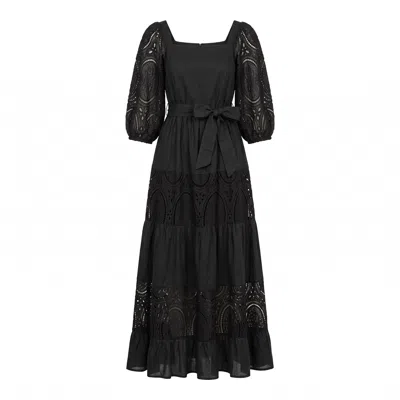 Tantra Spain Sl Women's Maxi Dress With A Square Neckline And Lantern Sleeves, Made Of Batiste And Lace Black