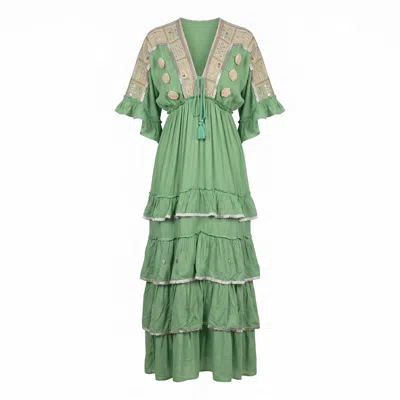 Tantra Spain Sl Women's Maxi Dress With Crochet Embroidery And Mirror Details, Ruffles, Three-quarter Sleeves  Green