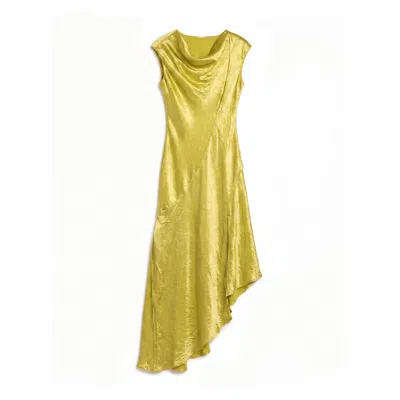 Tantra Spain Sl Women's Midi Dress With A Silk-textured Boat Neckline And An Asymmetrical Hem Green In Yellow