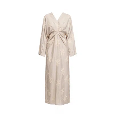 Tantra Spain Sl Women's Neutrals Dress With Draping At The Waist And Bust And Embroidered Flowers Beige
