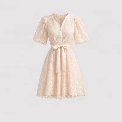 Tantra Spain Sl Women's Neutrals Lace Shirt Dress With Sequins, Puff Sleeves, Pearl Buttons, And Belt Beige In Sand