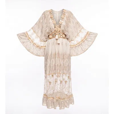 Tantra Spain Sl Women's Neutrals Long Block-print Dress With Lace And Embroidery And Wide Sleeves Ecru