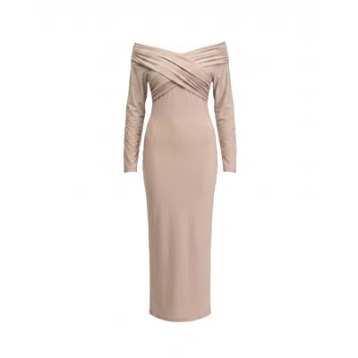 Tantra Spain Sl Women's Neutrals Long Fitted Dress With Long Sleeves, V-neck And Draped Detail On The Chest Beige In Brown