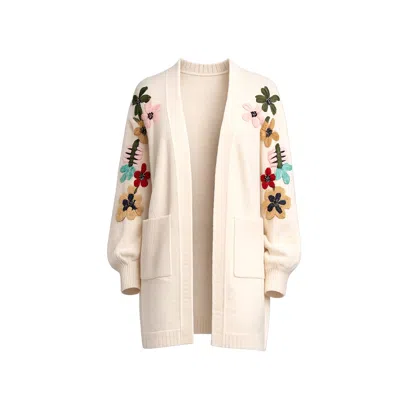 Tantra Spain Sl Women's Neutrals Long Knit Jacket With Embroidered Flowers On The Sleeves And Front Pockets Beige In Sand