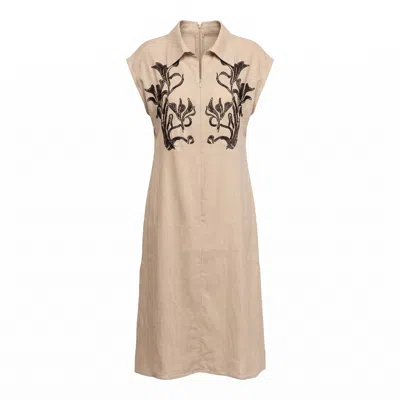 Tantra Spain Sl Women's Neutrals Loose-fitting Midi Dress With Sequin Embellishment On The Chest And Zipper Detail