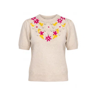Tantra Spain Sl Women's Neutrals Short-sleeved Sweater With Embroidered Flowers Beige