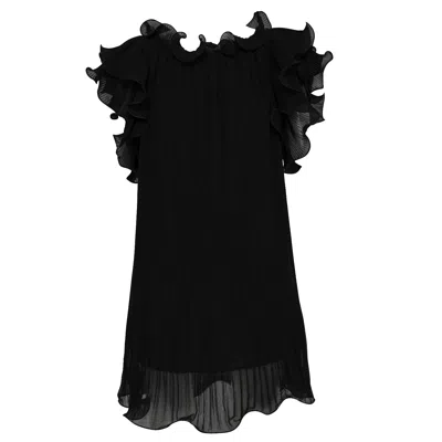 Tantra Spain Sl Women's Pleated Dress With Ruffles On The Neckline And Sleeves Black