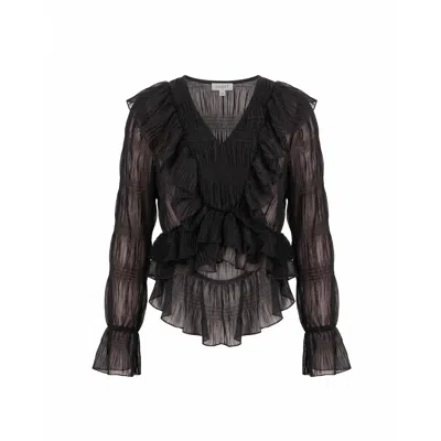 Tantra Spain Sl Women's Pleated Ruffled Top With  V-neck. Black