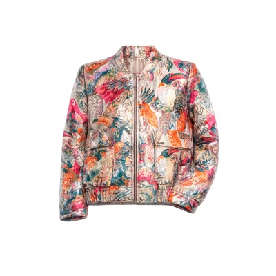 Tantra Spain Sl Women's Printed Brocade Jacket With Gathered Waist, Clip Closure, And Front Flap Pockets