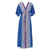 Tantra Spain Sl Women's Printed Dress With V-neck, Elastic Waist And Drawstring One Size Blue In Blue