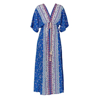 Tantra Spain Sl Women's Printed Dress With V-neck, Elastic Waist And Drawstring One Size Blue