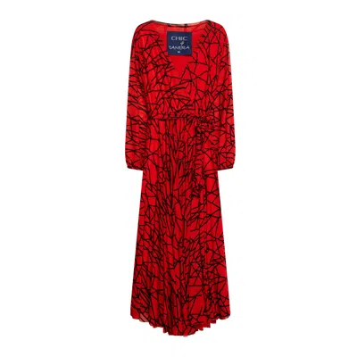 Tantra Spain Sl Women's Red Tulle Dress With Geometric Detail Made Of Velvet, Cross Neckline And Belt At The Waist.