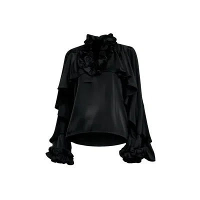 Tantra Spain Sl Women's Satin Blouse With Ruffles At The Neck And Cuffs, Ruffle Detail On The Sleeves Black