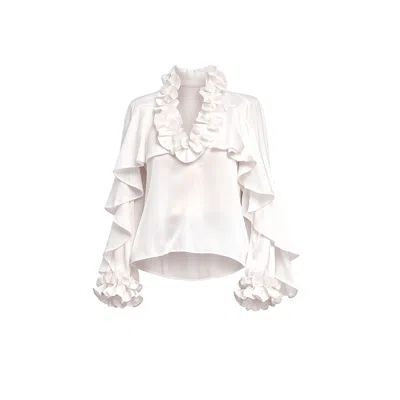 Tantra Spain Sl Women's Satin Blouse With Ruffles At The Neck And Cuffs, Ruffle Detail On The Sleeves White