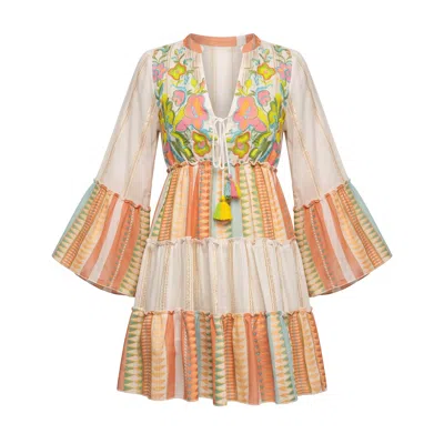 Tantra Spain Sl Women's Short Dress With Neon Embroidery And Sequins, Long Sleeves With Ruffles White In Multi
