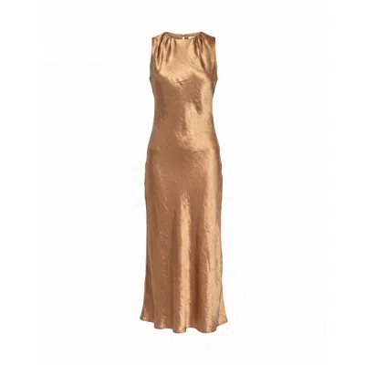 Tantra Spain Sl Women's Silk-textured Midi Dress With A Gathered Neckline, Straight And Flowing  Gold