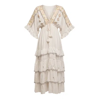 Tantra Spain Sl Women's White Maxi Dress With Crochet Embroidery And Mirror Details, Ruffles, Three-quarter Sleeves  In Neutral