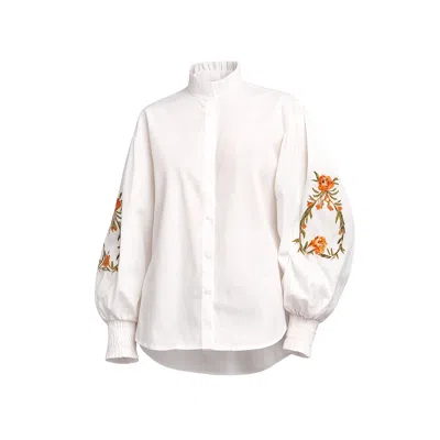 Tantra Spain Sl Women's White Shirt With Mandarin Collar, Ruffles On The Sleeves, Embroidery, And Elastic Cuffs