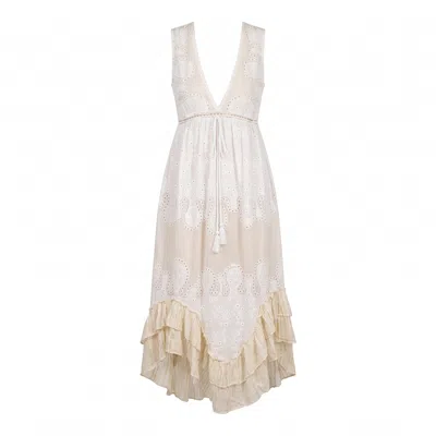 Tantra Spain Sl Women's White Sleeveless, Embroidered Batiste Maxi Dress With An Uneven Hem And An Adjustable Waist