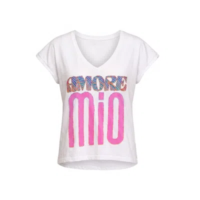 Tantra Spain Sl Women's White Tshirt With Painted Text Amore Mio And Beads