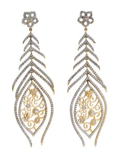 Pre-owned Tanya Farah 18k Diamond Drop Peacock Feather Earrings In Multi