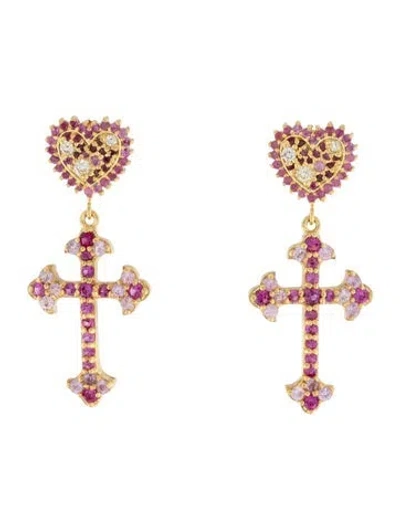 Pre-owned Tanya Farah 18k Pink Sapphire & Diamond Cross Drop Earrings In Multicolor