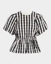 Tanya Taylor Chelsey Check Puff-sleeve Peplum Top In Blackivory Multi