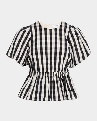 Tanya Taylor Chelsey Check Puff-sleeve Peplum Top In Blackivory Multi