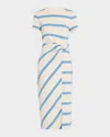 Tanya Taylor Cody Twisted-waist Short-sleeve Striped Midi Dress In Creamblue Bird Wide Stripe