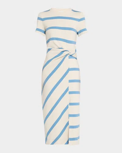Tanya Taylor Cody Twisted-waist Short-sleeve Striped Midi Dress In Creamblue Bird Wide Stripe