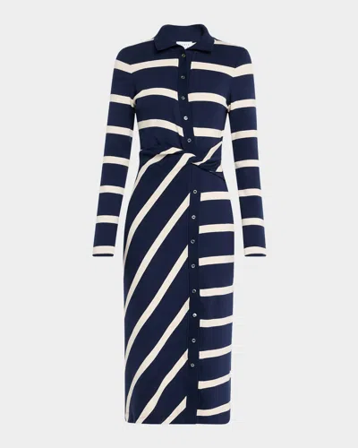 Tanya Taylor Ellicot Stripe Asymmetric Buttoned Midi Dress In Maritime Blue/cream