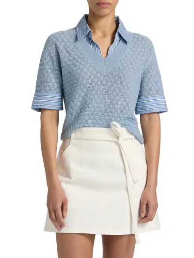Tanya Taylor Esme Pointelle Knit Layered Look Top In Blue