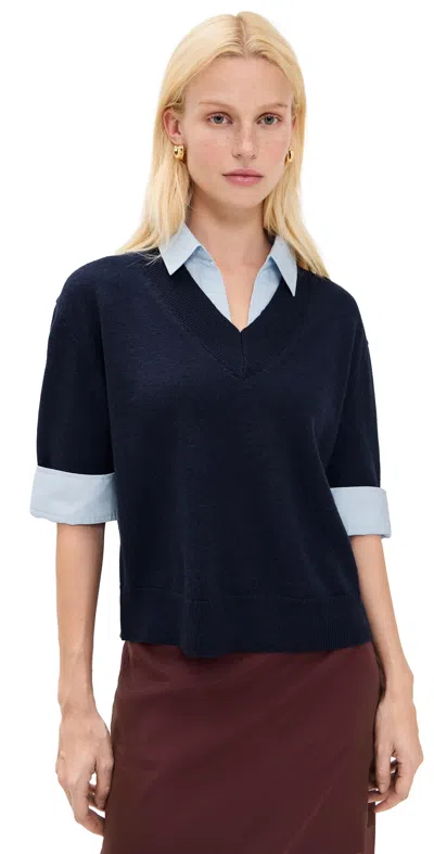 Tanya Taylor Esme Sweater Combo Top Maritime Blue Melange/oxford